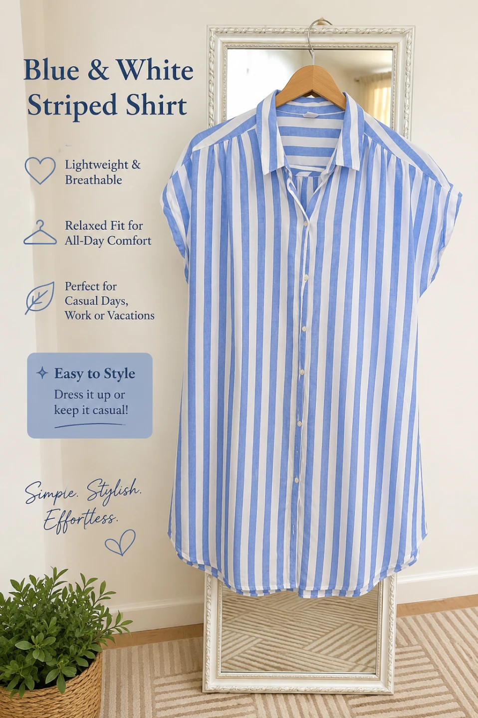 Blue and White Striped Button-Up Shirt Dress