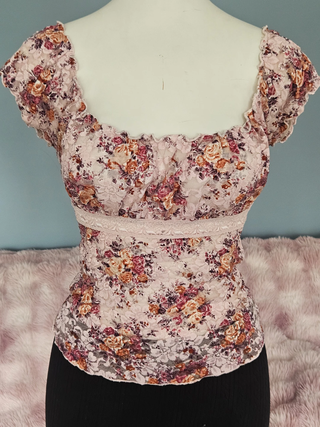 pink floral mesh babydoll top