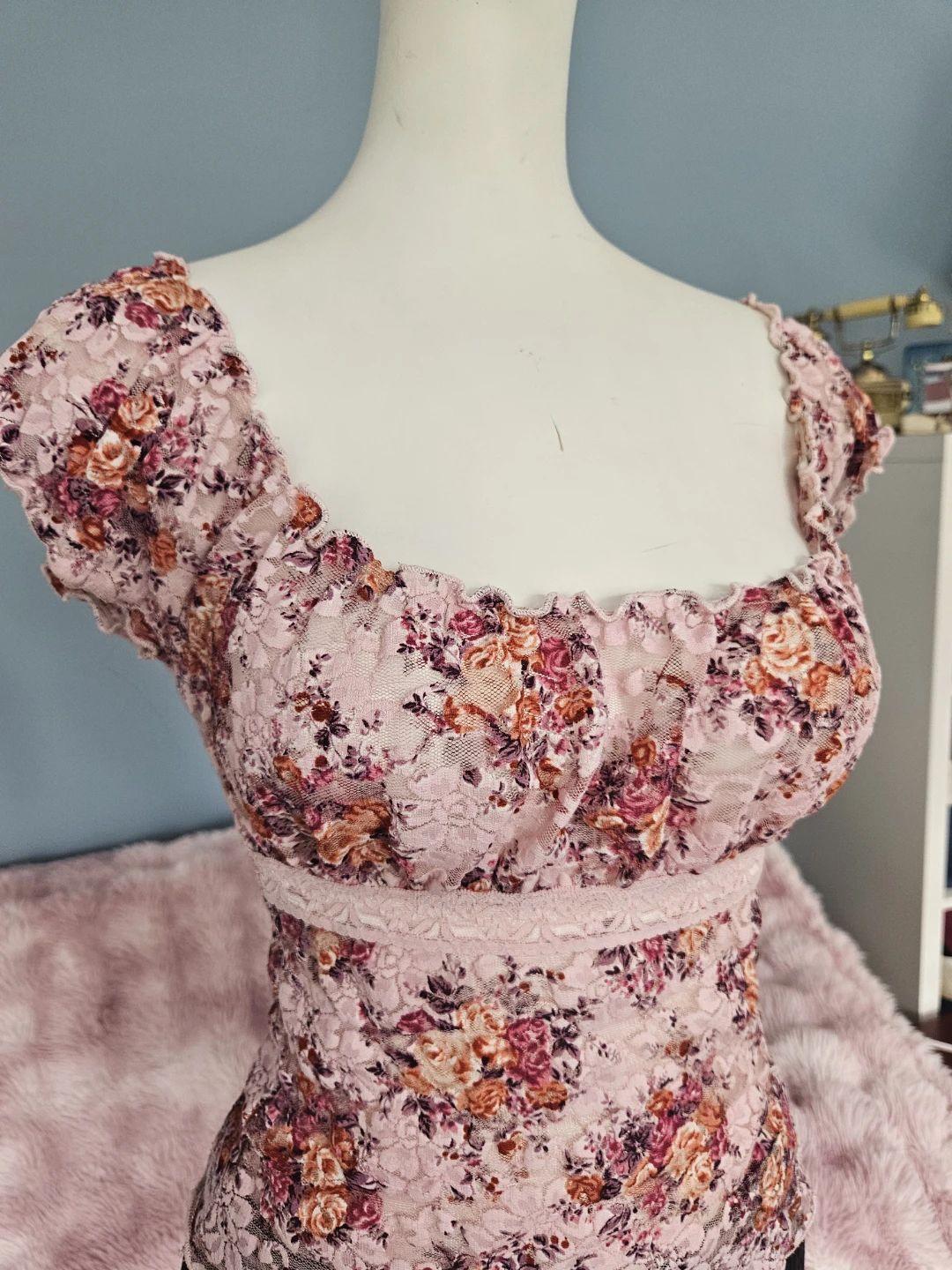 pink floral mesh babydoll top - photo 3