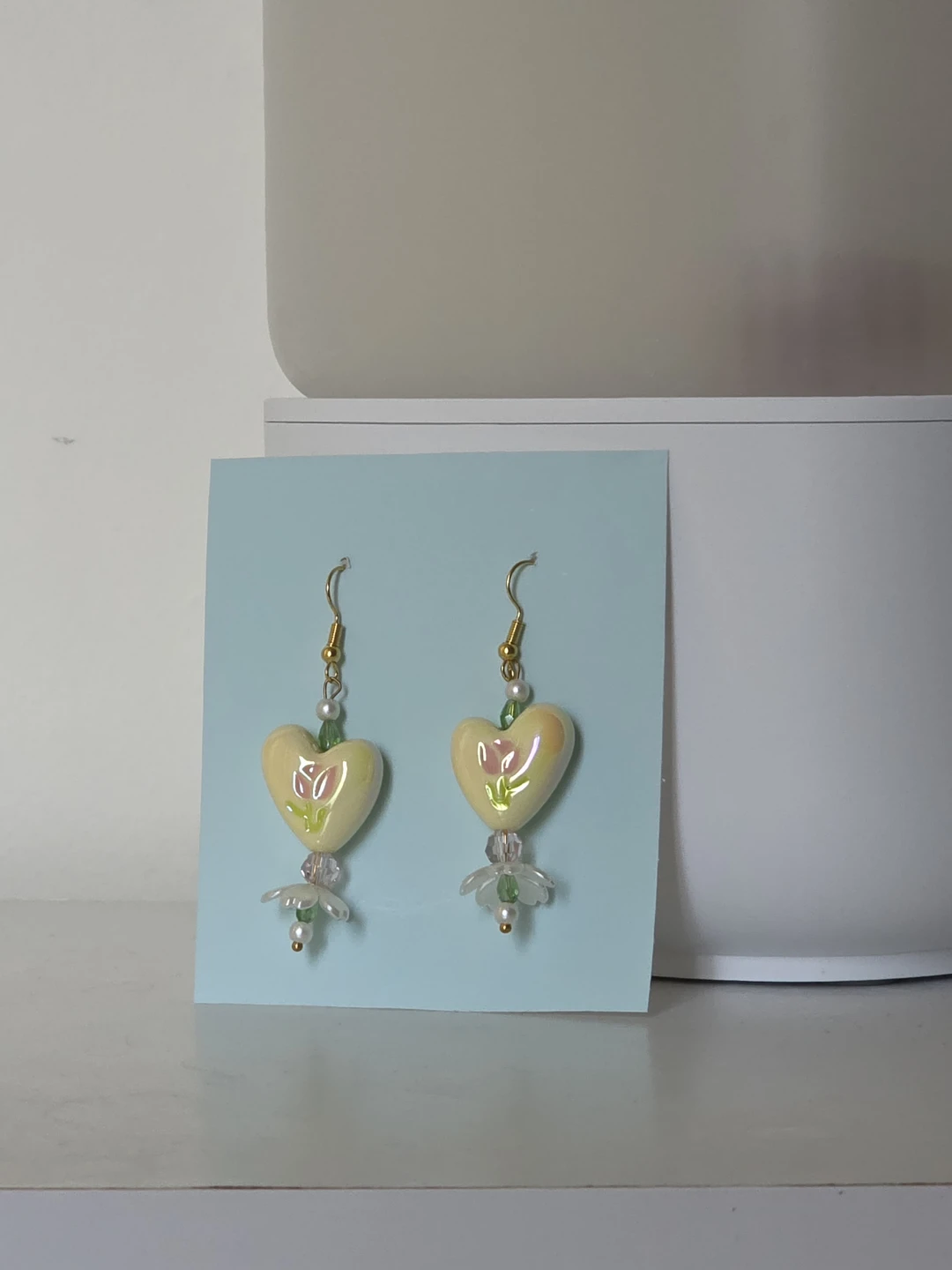 Yellow Heart and Flower Dangle Earrings