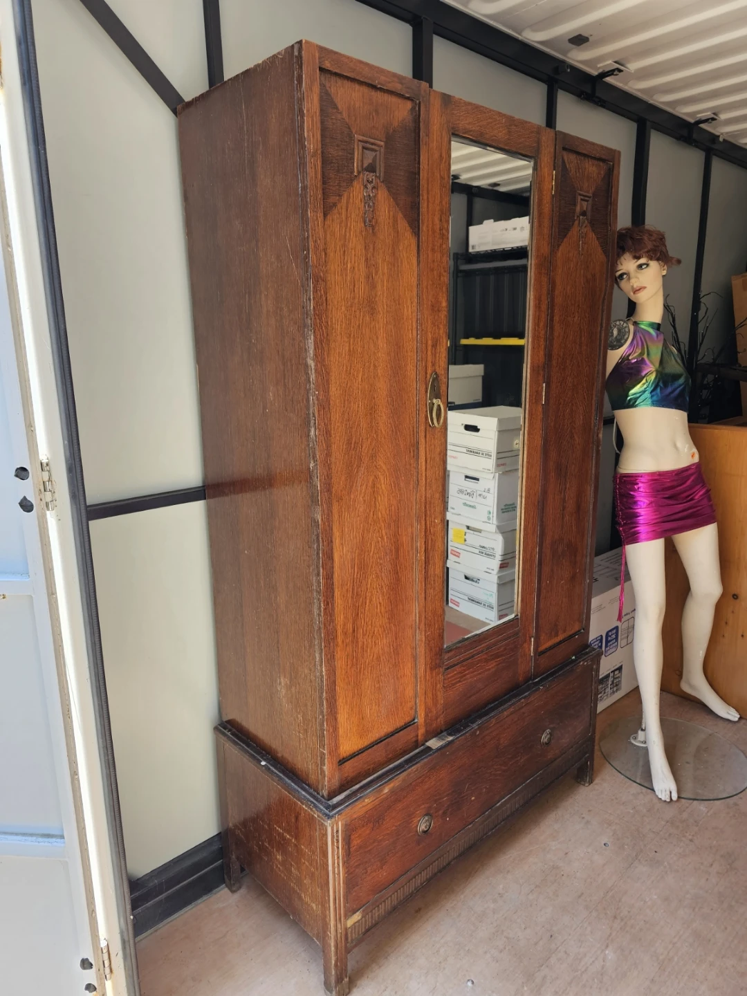 Antique Wood Wardrobe Armoire with Mirror