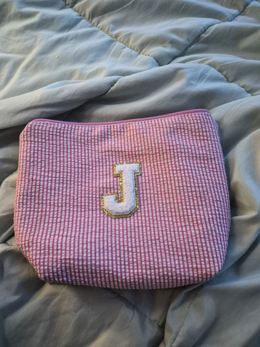 Pink Seersucker Cosmetic Bag with 'J' Monogram