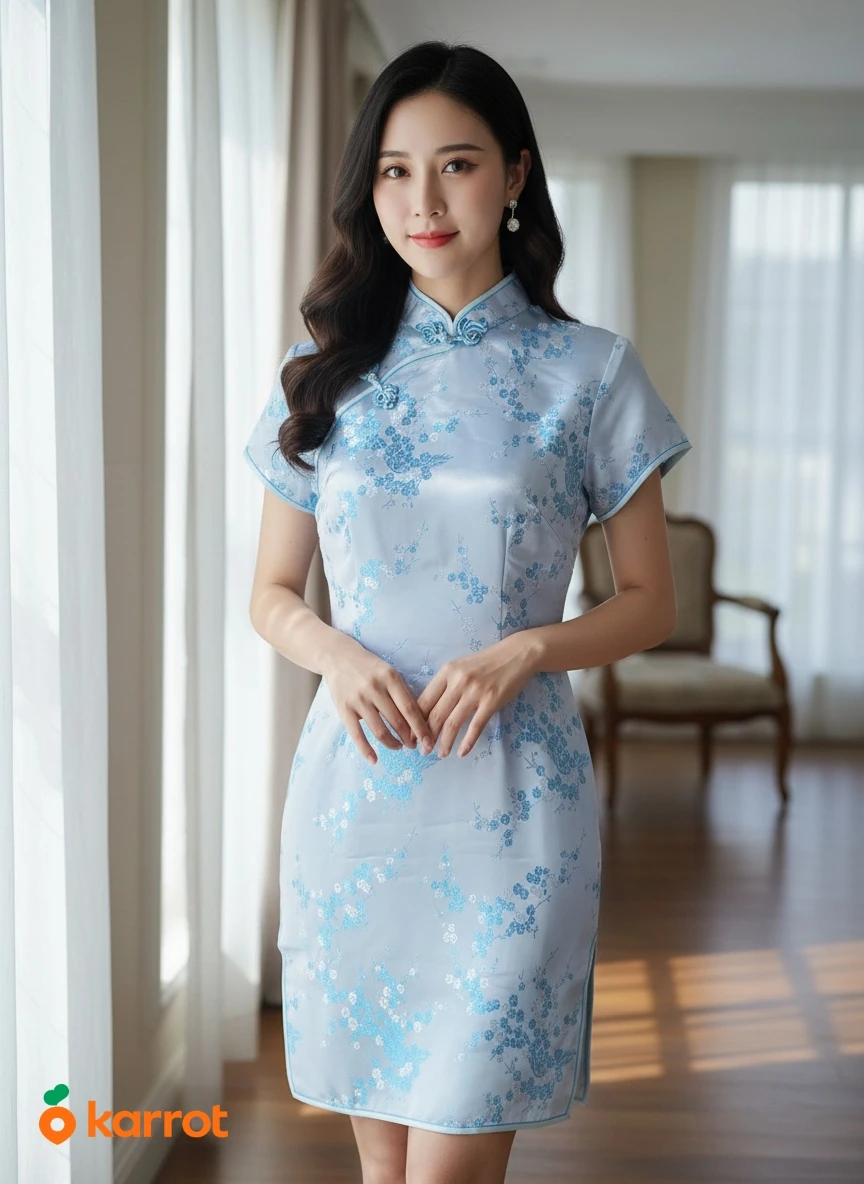 Light Blue Floral Cheongsam Dress