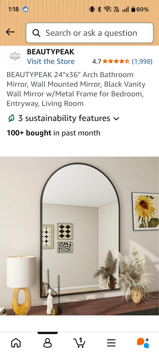 24"x36" Arch Wall Bathroom Mirror