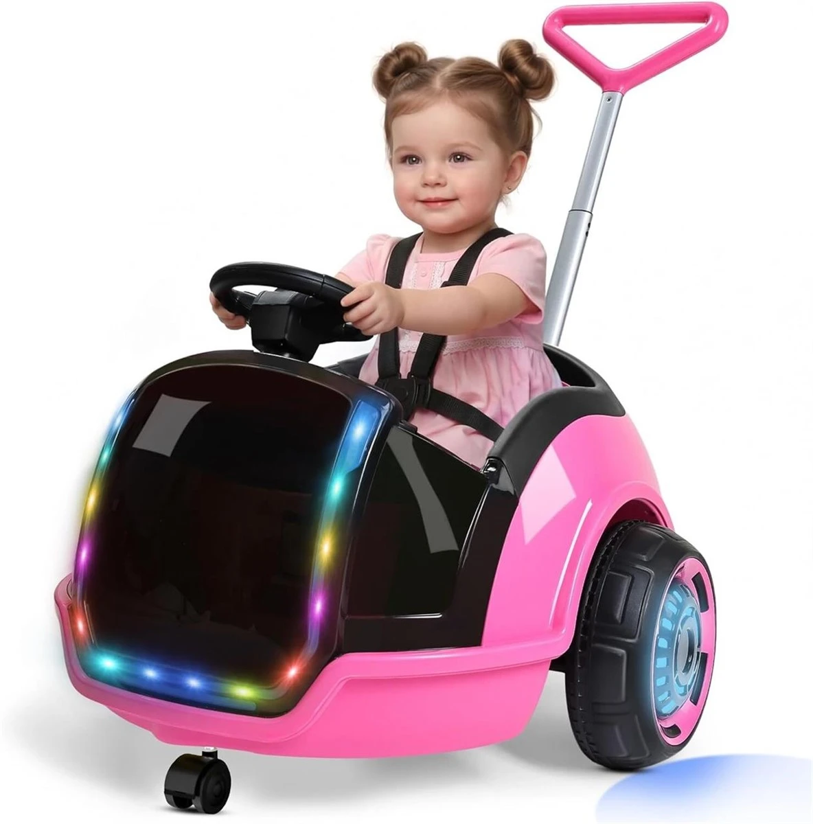 Pink Ride-On Car with Push Handle and Lights