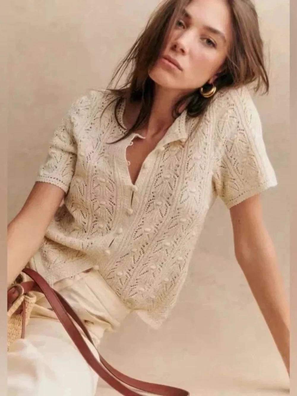 Sezane Milane Top in Ivory Cream Cottagecore Crochet Knit Top