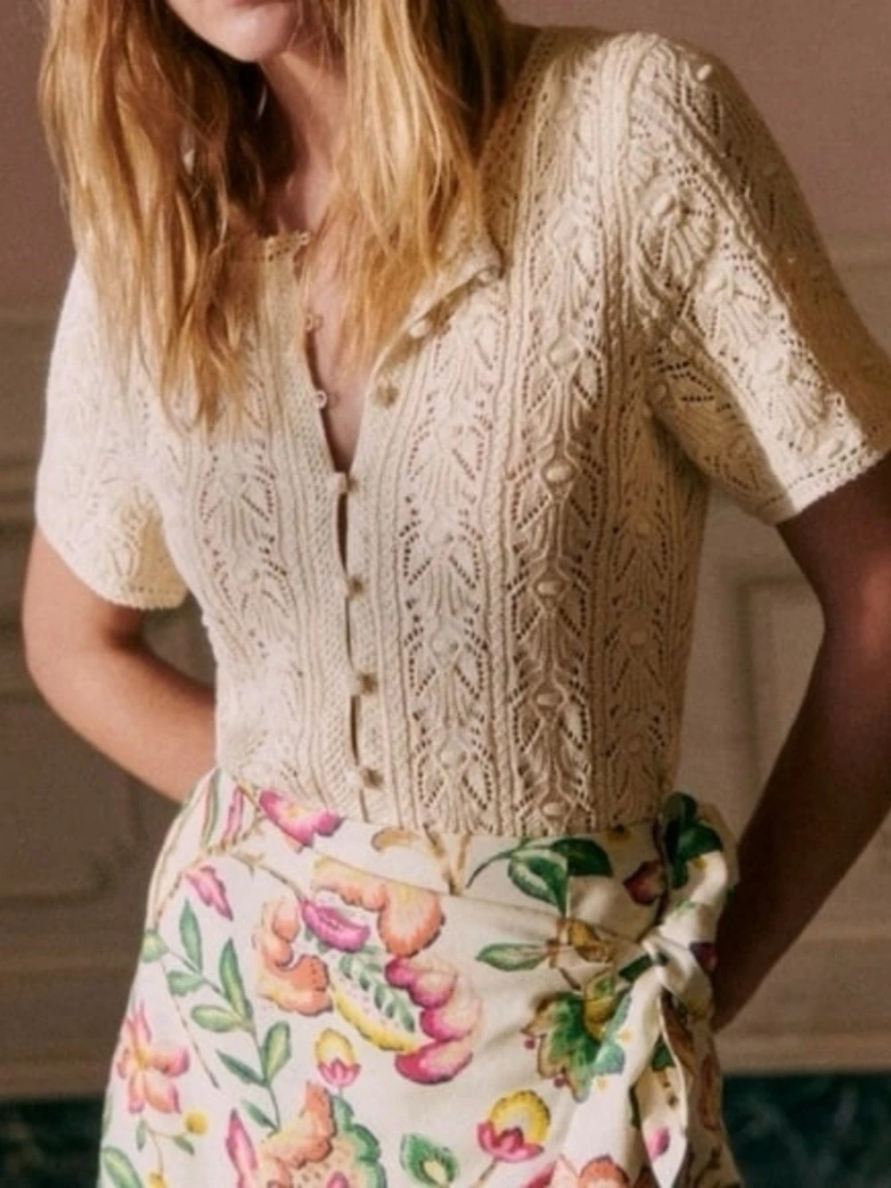 Sezane Milane Top in Ivory Cream Cottagecore Crochet Knit Top - photo 3