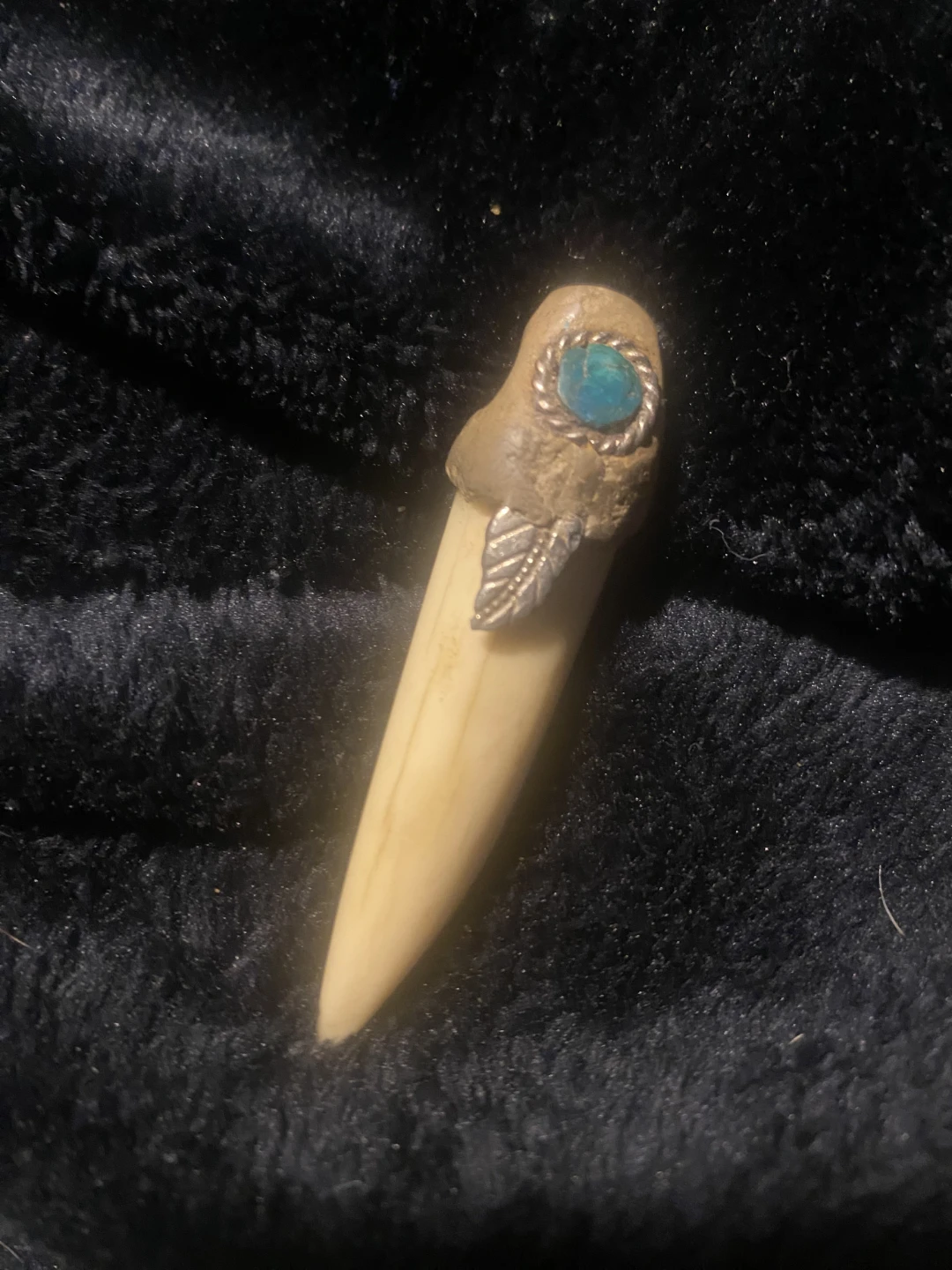 Animal Tooth Pendant with Turquoise and Silver Leaf