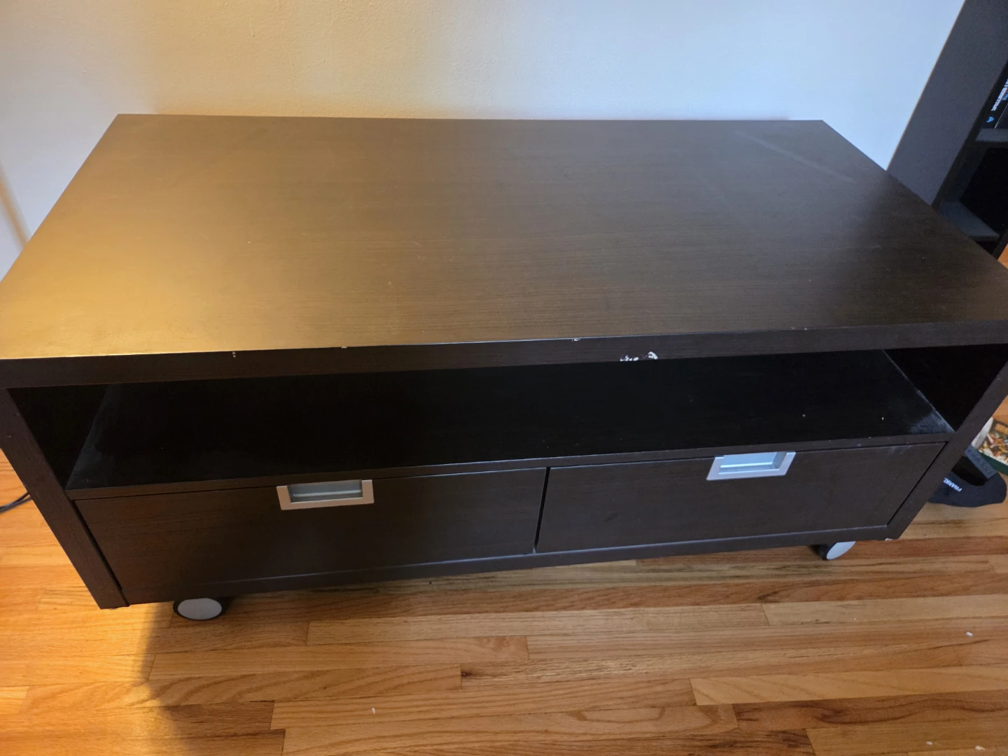 Dark Wood TV Stand with Drawers and Wheels