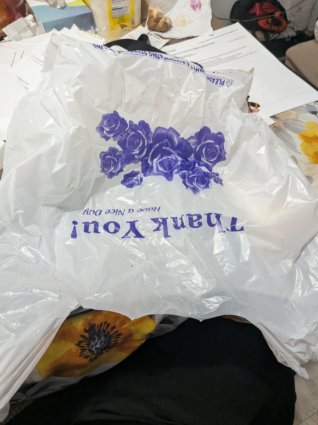 White Plastic Shopping Bag with Purple Roses