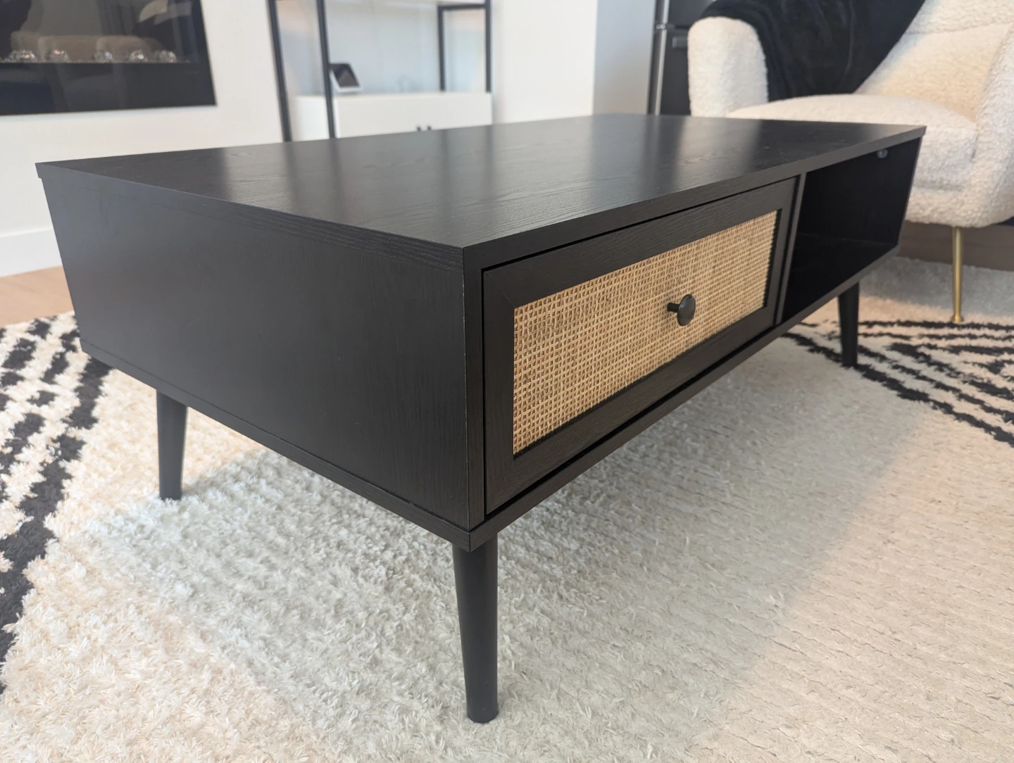 Black Coffee Table with Rattan Drawer