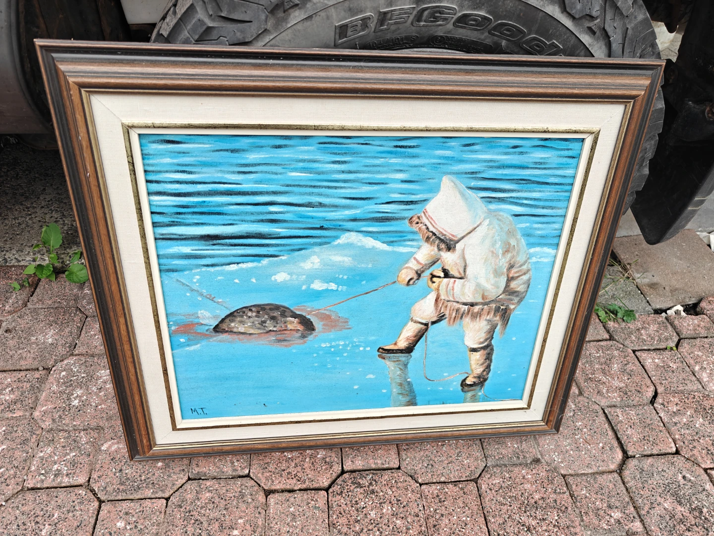 Framed Painting - Inuit Hunter Ice Fishing