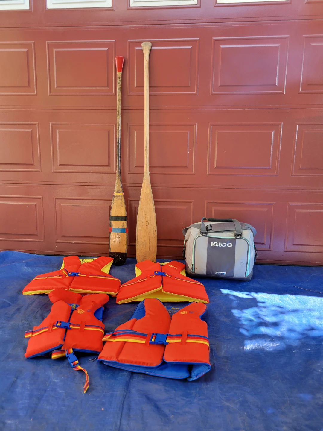 Assorted Life Jackets (4) & Paddles (2), cooler