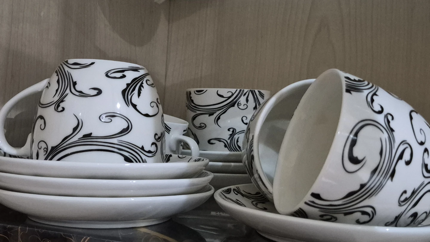White & Black Swirl Coffee Mugs with Saucers