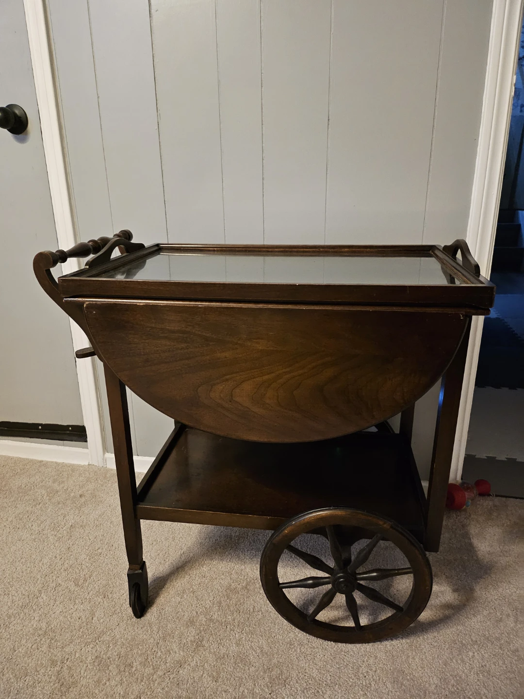 Vintage Wooden Tea Cart with Glass Top