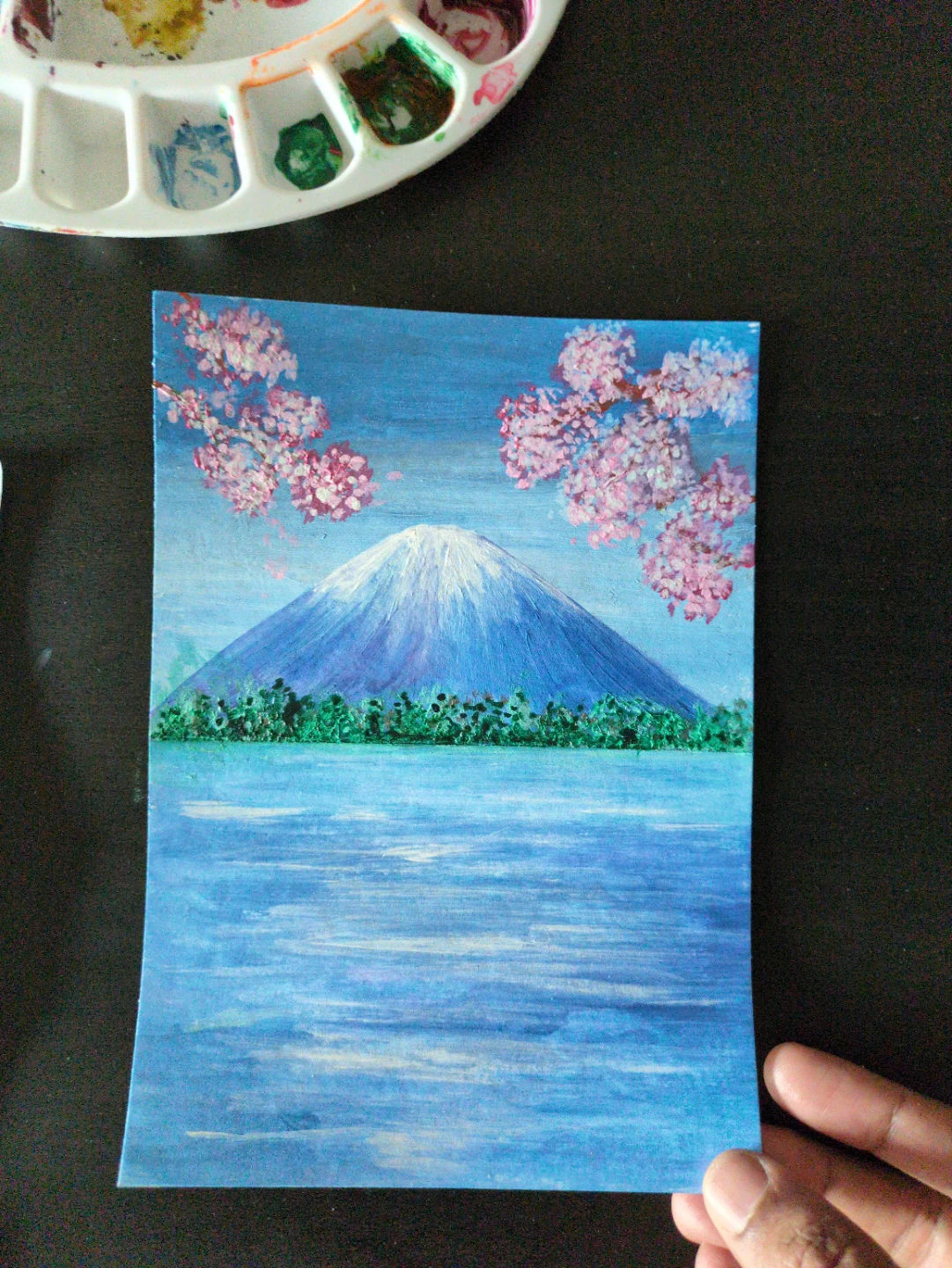 Hand-painted Mount Fuji and Cherry Blossom Artwork