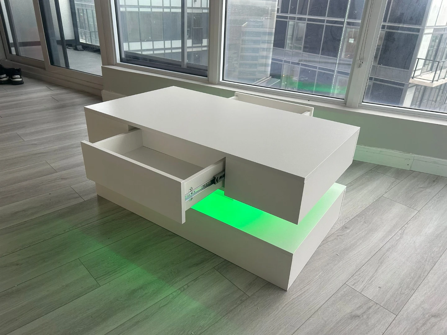 White Coffee Table with LED Lights and Drawer