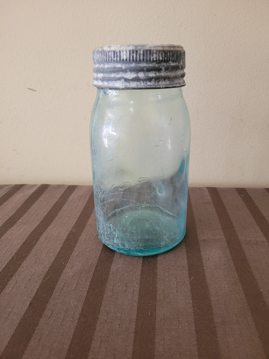 Antique Aqua Blue Crown Glass Mason Jar + Lid 1920