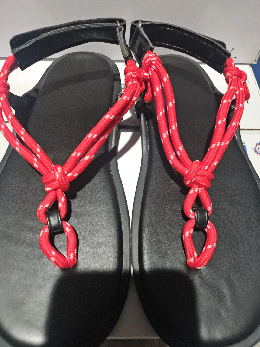 Black Flip-Flop Sandals with Red Rope Accents - photo 2