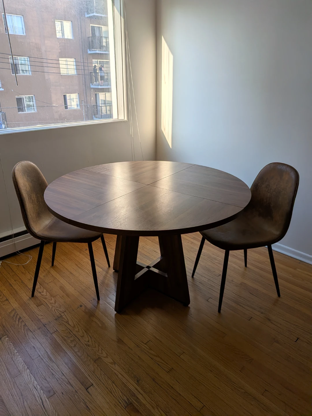 Round Wooden Dining Table and Matching Chairs (Two)