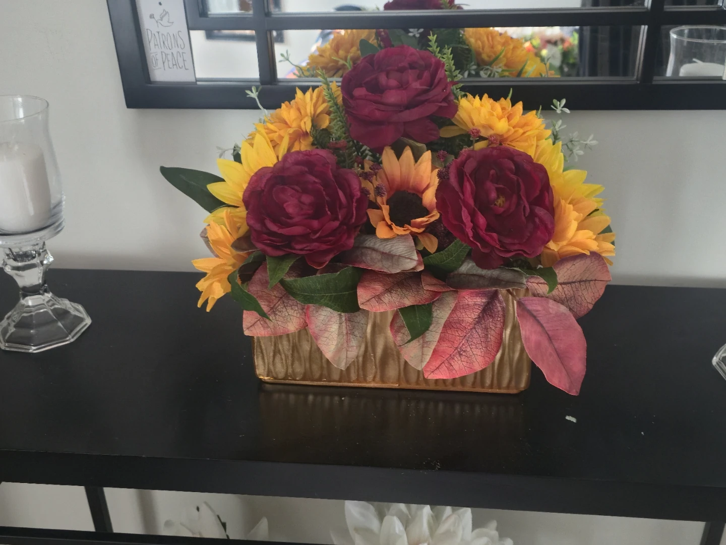 Fall faux flowers arrangement in gold planter - photo 2