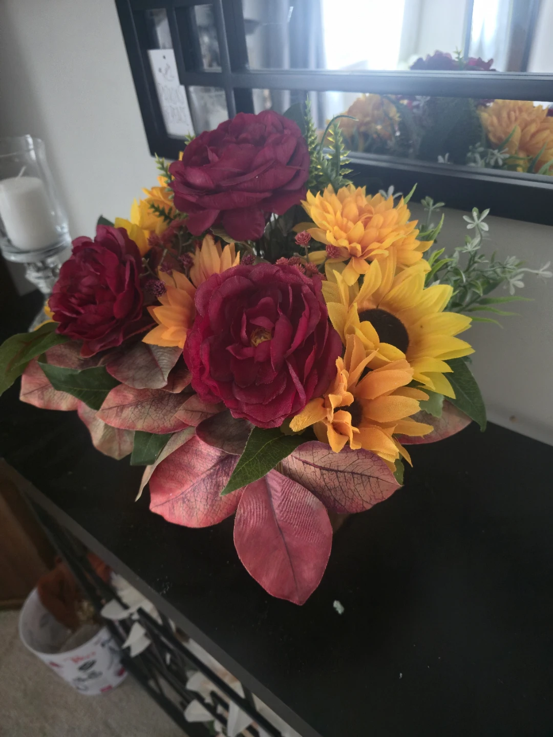 Fall faux flowers arrangement in gold planter - photo 4