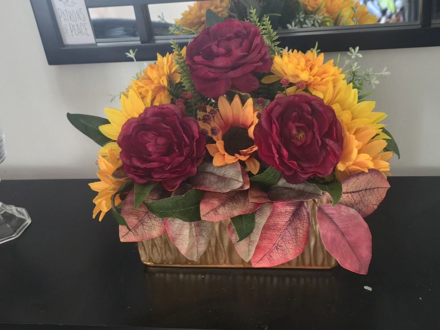 Fall faux flowers arrangement in gold planter - photo 5
