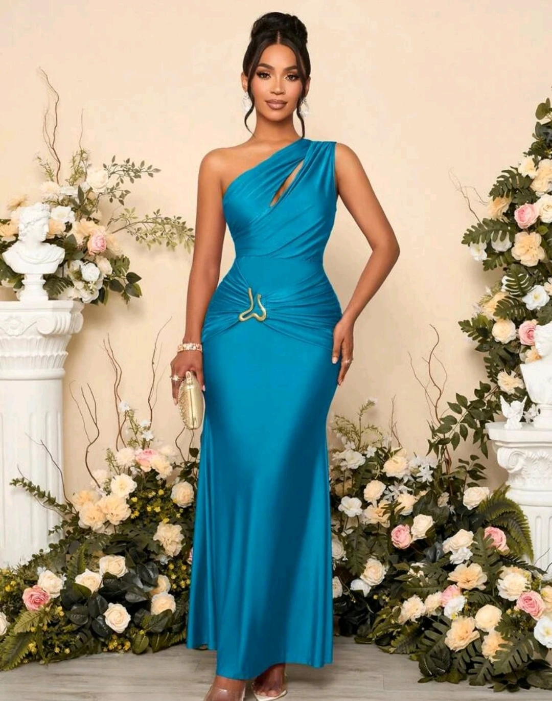 Teal One-Shoulder Ruched Maxi Dress