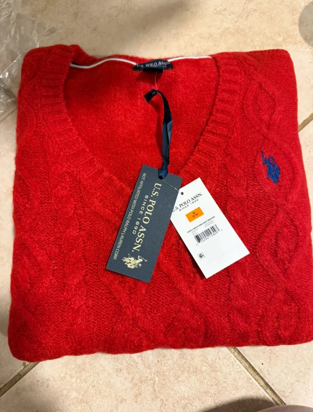 U.S. Polo Assn. Red V-Neck Cable Knit Sweater - Size M