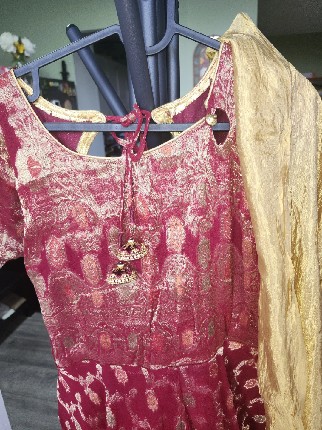 Red and Gold Benars silk  Anarkali Suit with Dupatta