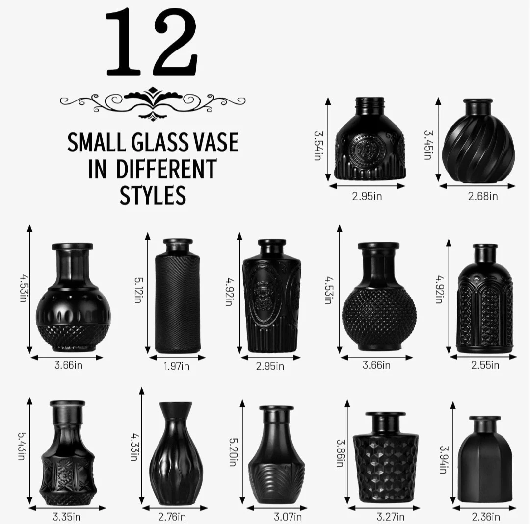 12 Black Small Glass Vases - Assorted Styles - photo 2