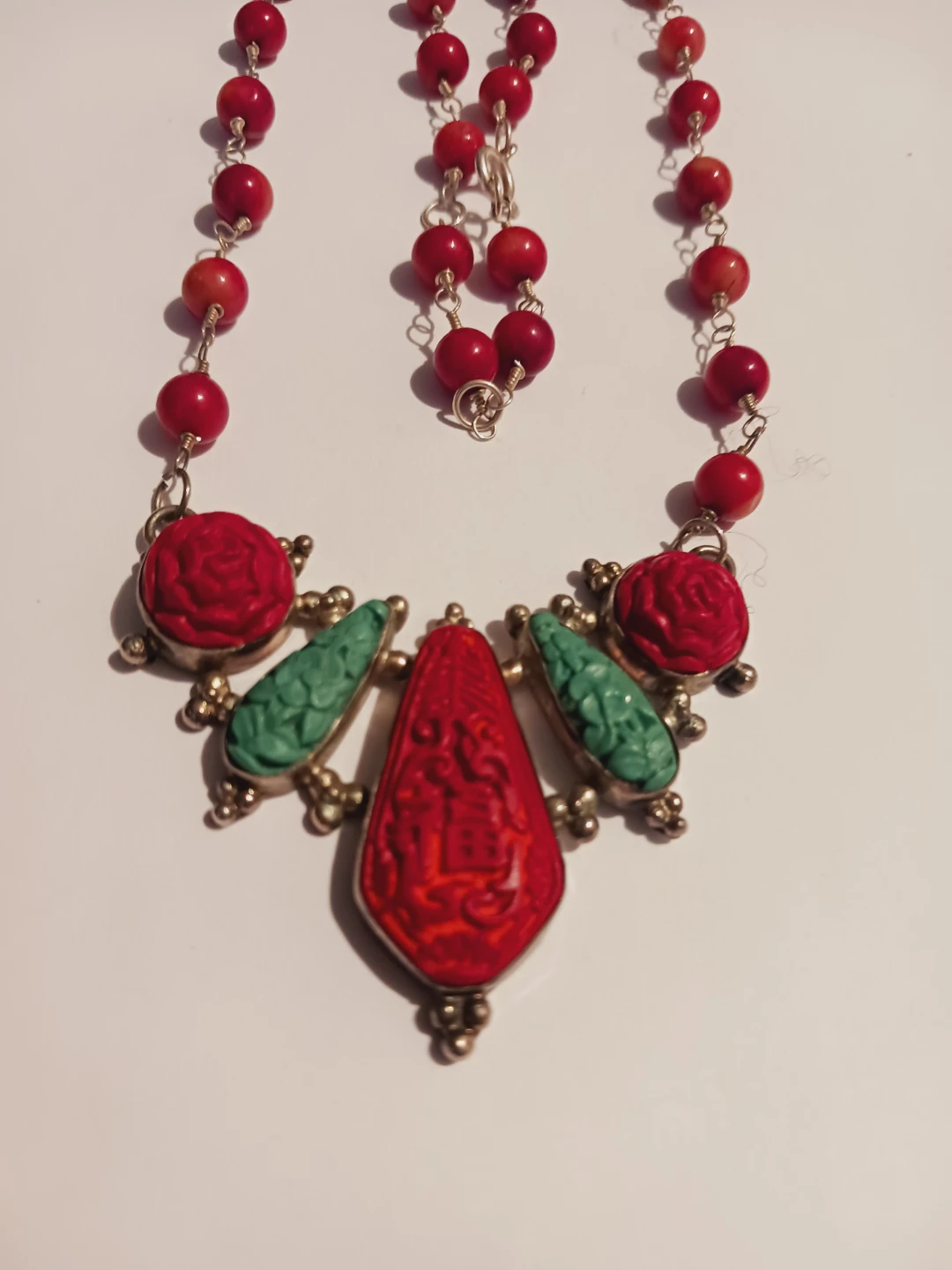 Sterling Silver 925 Red Coral Necklace w/Cinnabar 925 Pendant