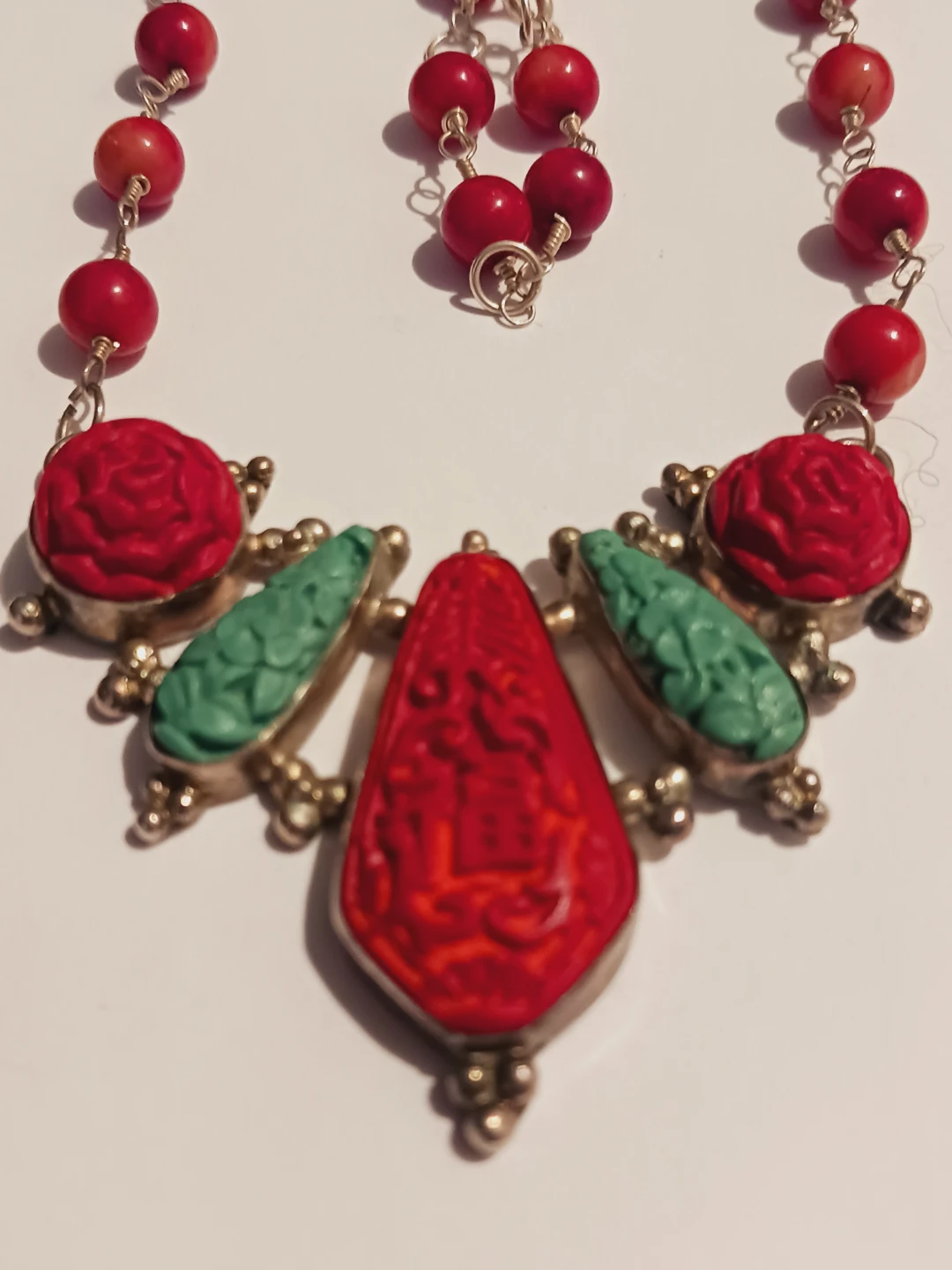 Sterling Silver 925 Red Coral Necklace w/Cinnabar 925 Pendant - photo 2