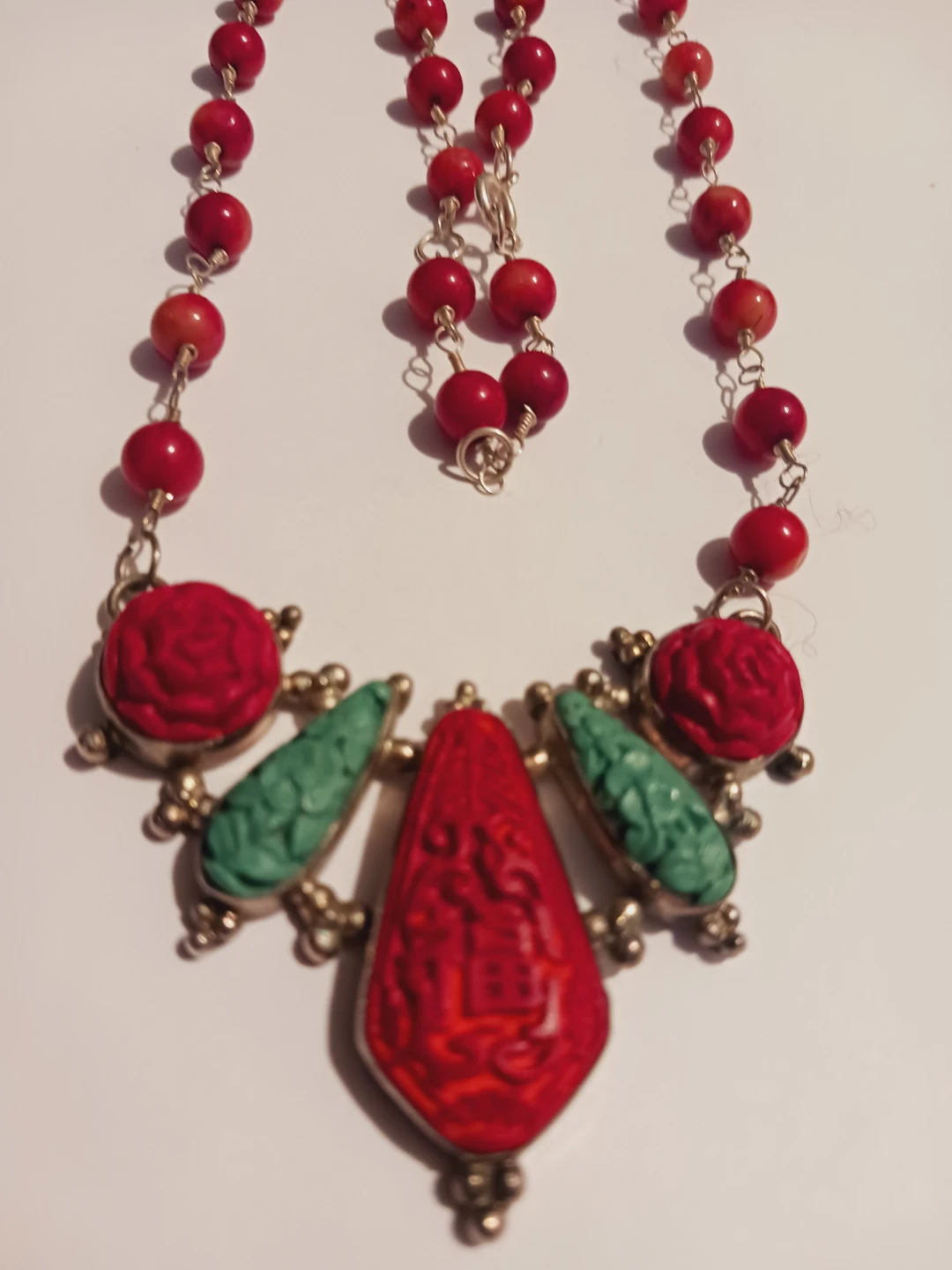 Sterling Silver 925 Red Coral Necklace w/Cinnabar 925 Pendant - photo 3