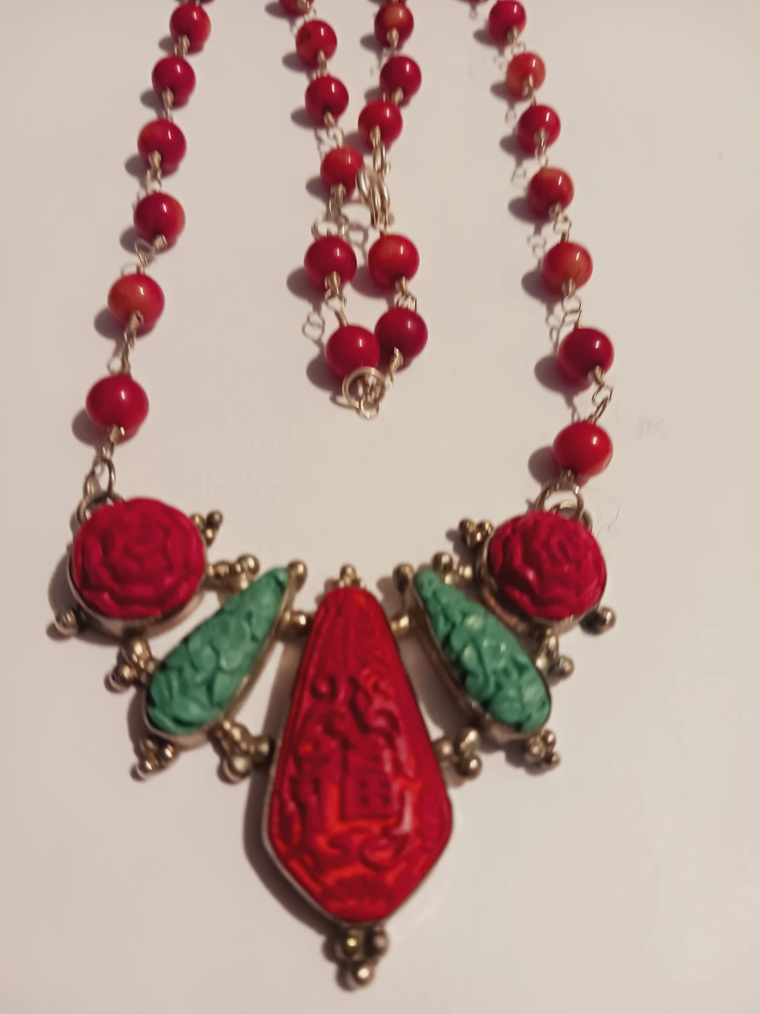 Sterling Silver 925 Red Coral Necklace w/Cinnabar 925 Pendant - photo 4