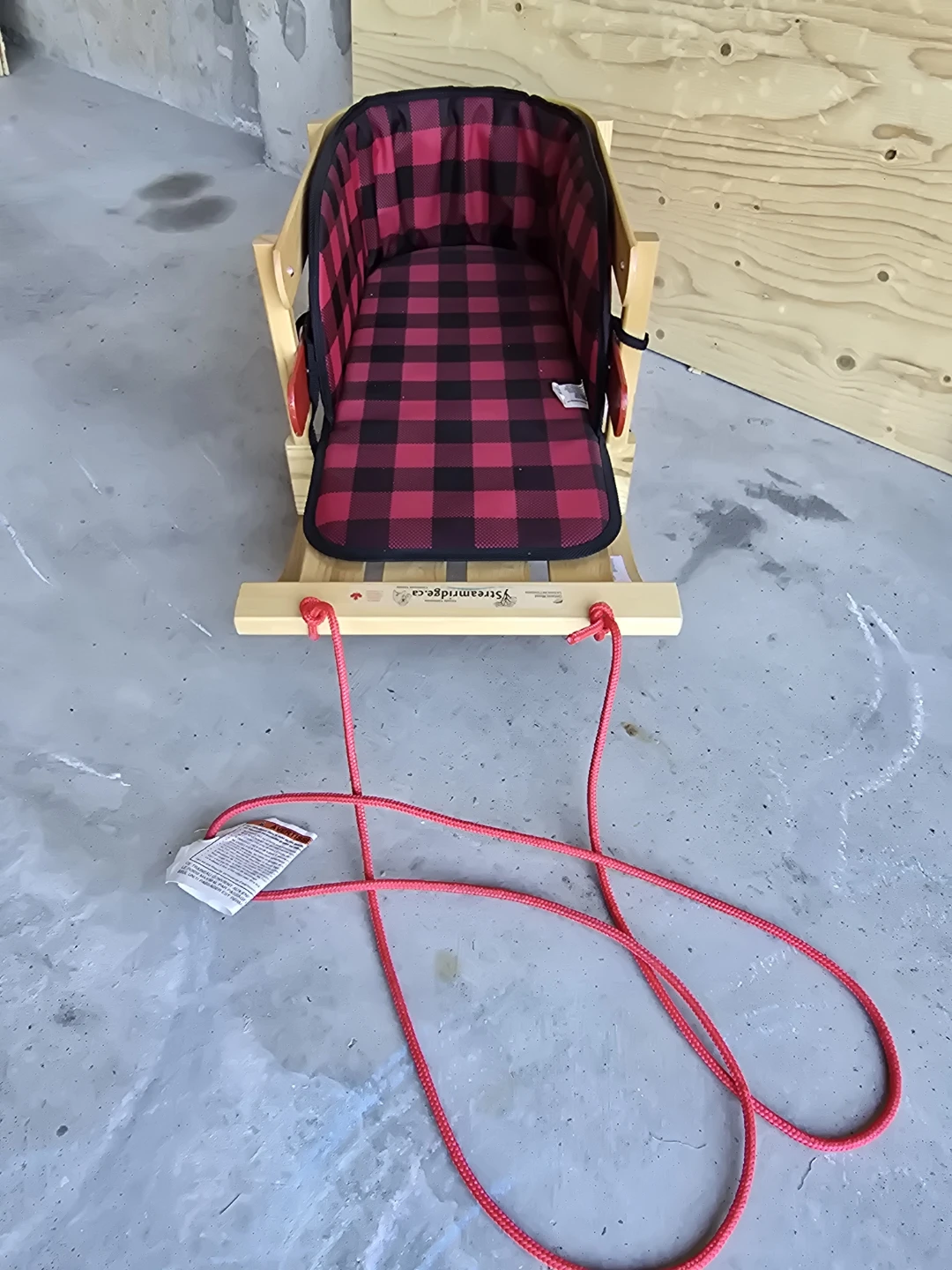 Wooden Baby Sled with Red Plaid Seat
