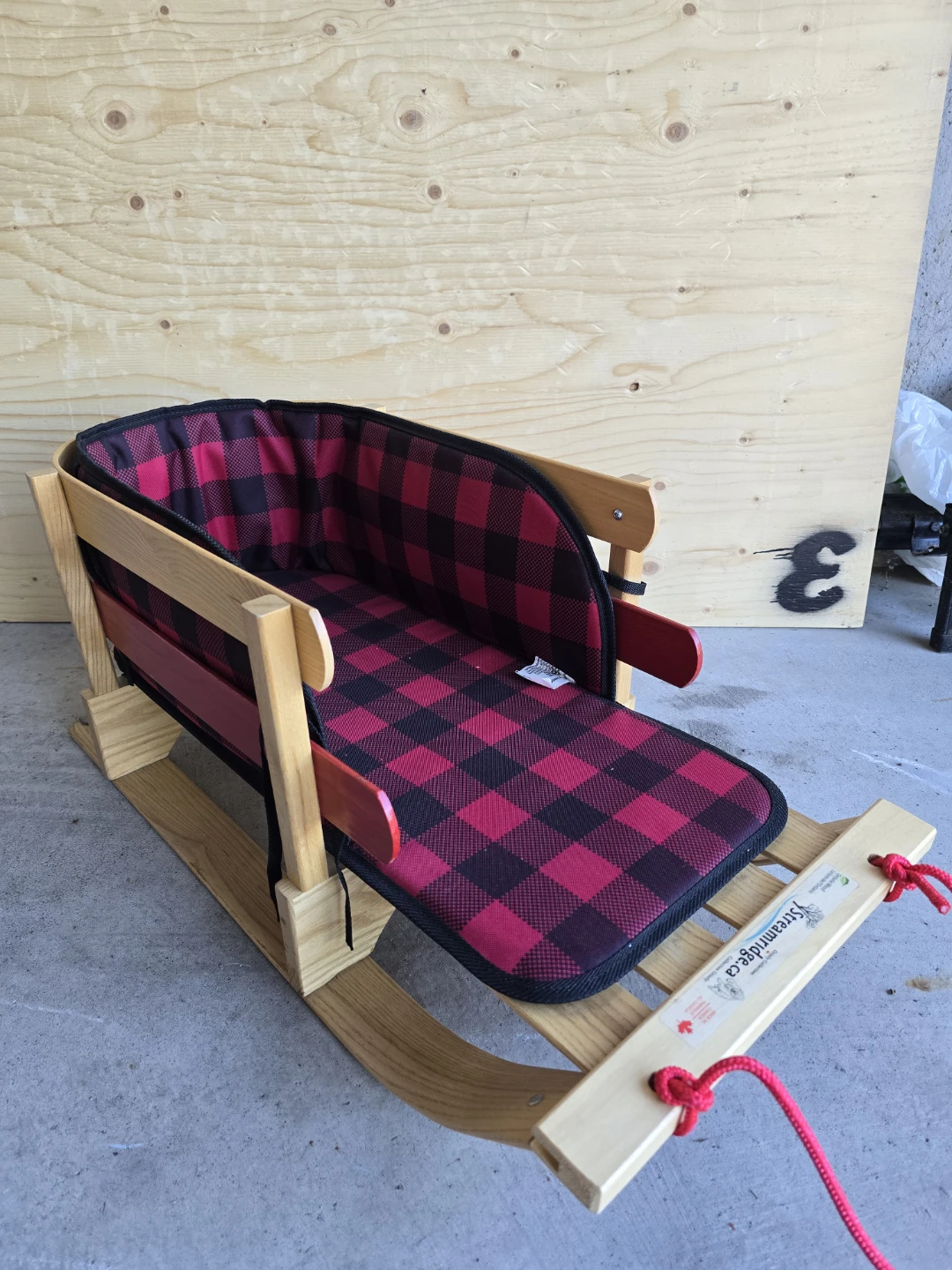 Wooden Baby Sled with Red Plaid Seat - photo 2