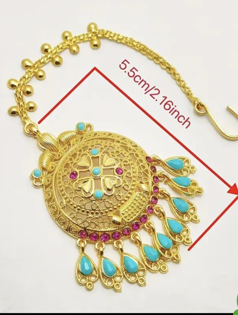 Gold-tone Maang Tikka with Turquoise and Pink Stones - photo 2