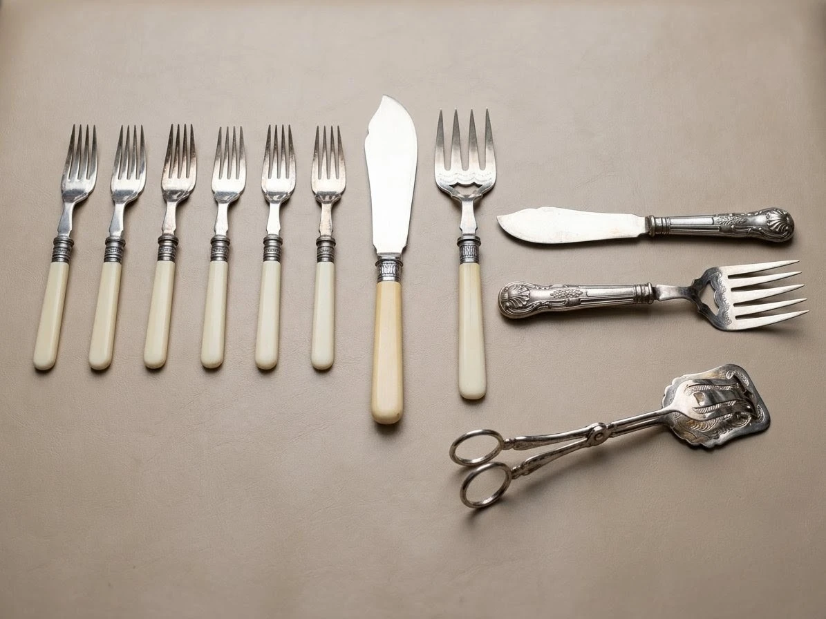 Vintage Antique Silver-Plated Fish Cutlery & Serving Set.