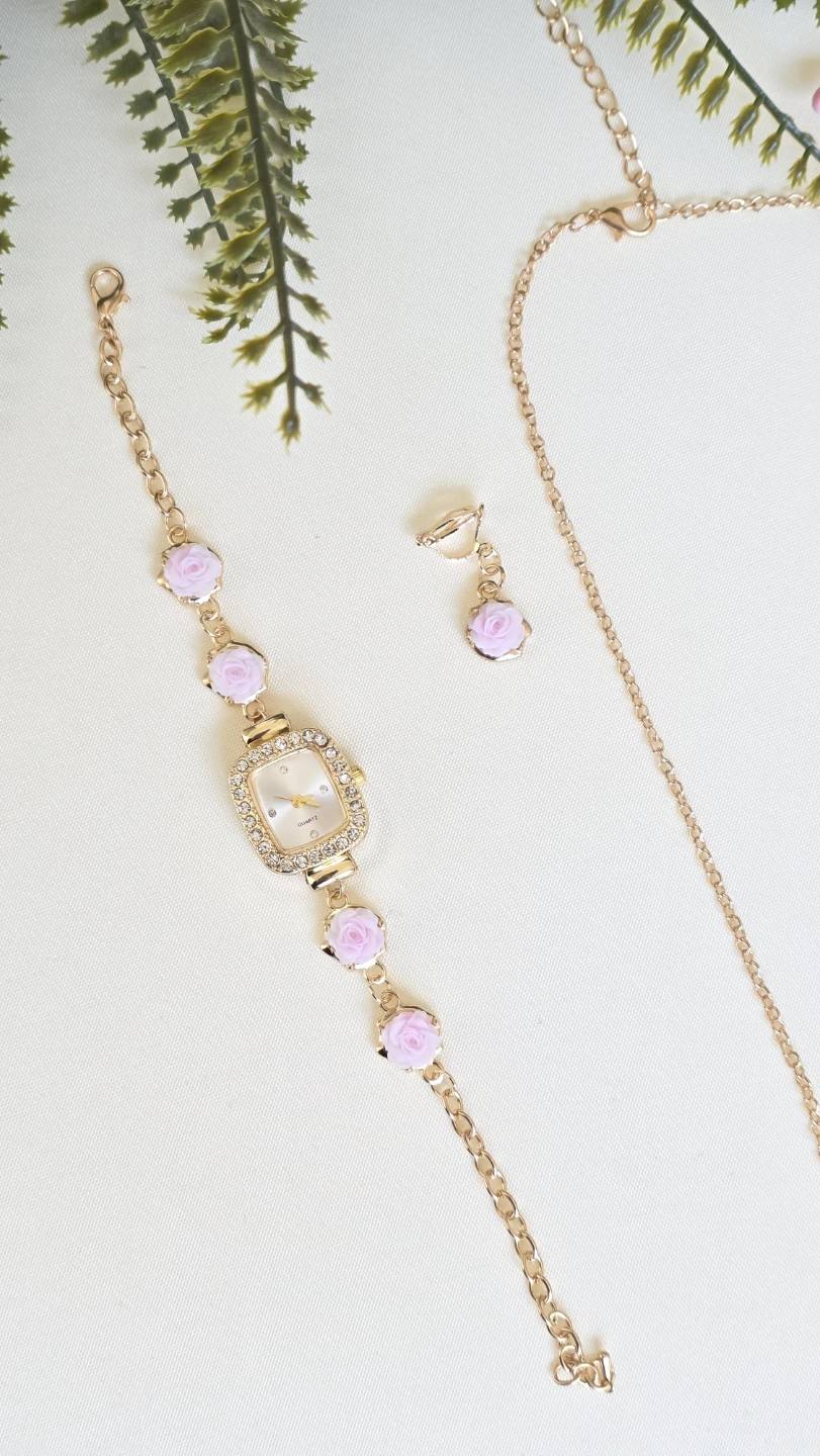 Gold Tone Watch Bracelet & Necklace Set with Rose Accents - photo 2