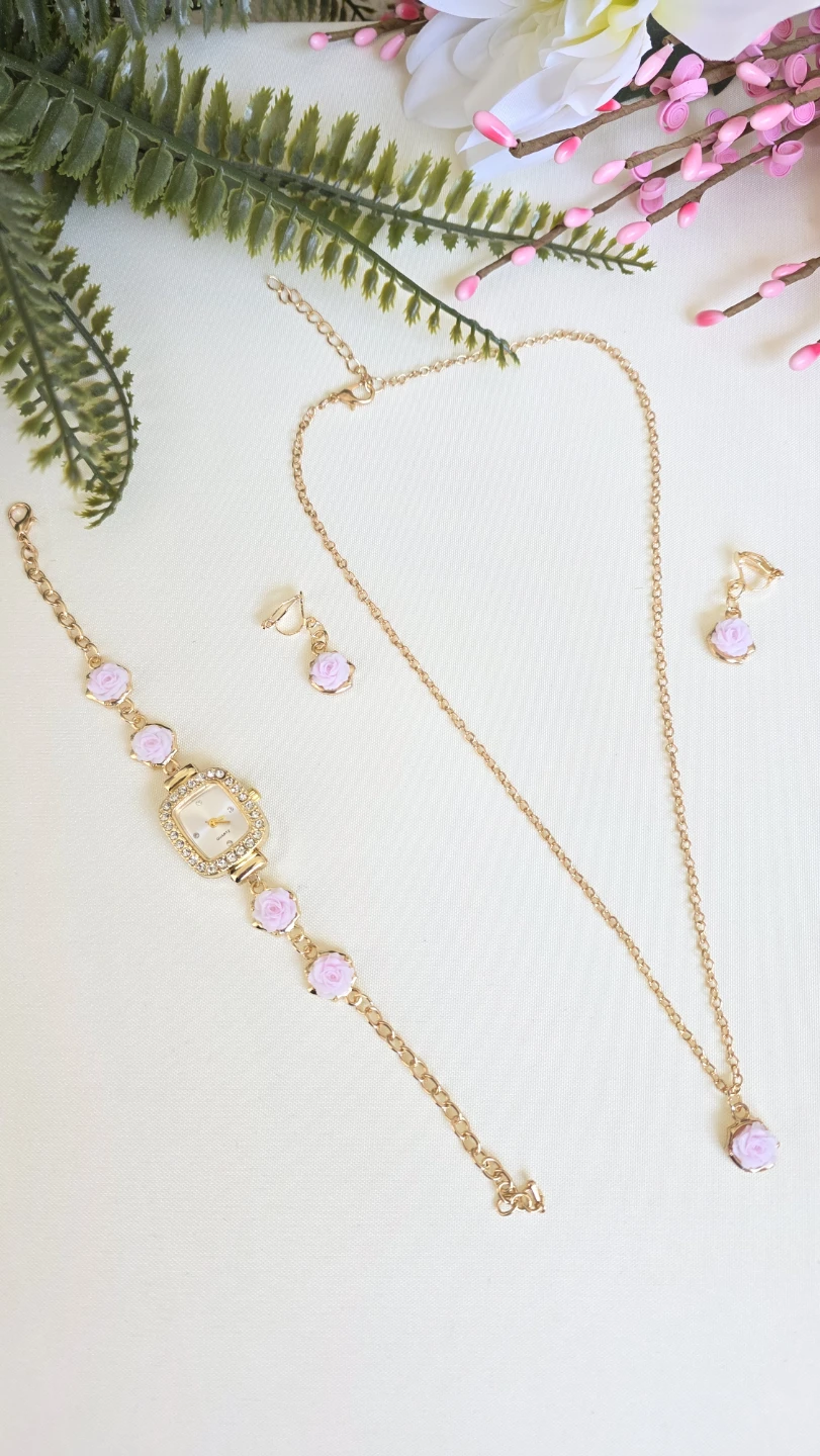 Gold Tone Watch Bracelet & Necklace Set with Rose Accents - photo 5