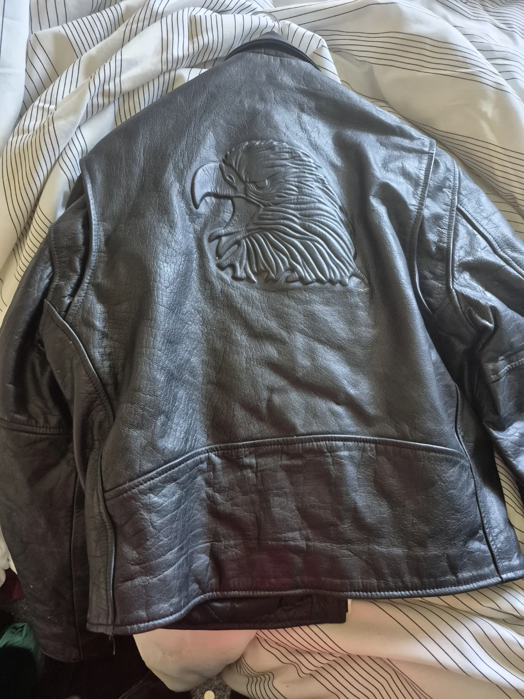 Men's Black Leather Motorcycle Jacket with Eagle Emblem