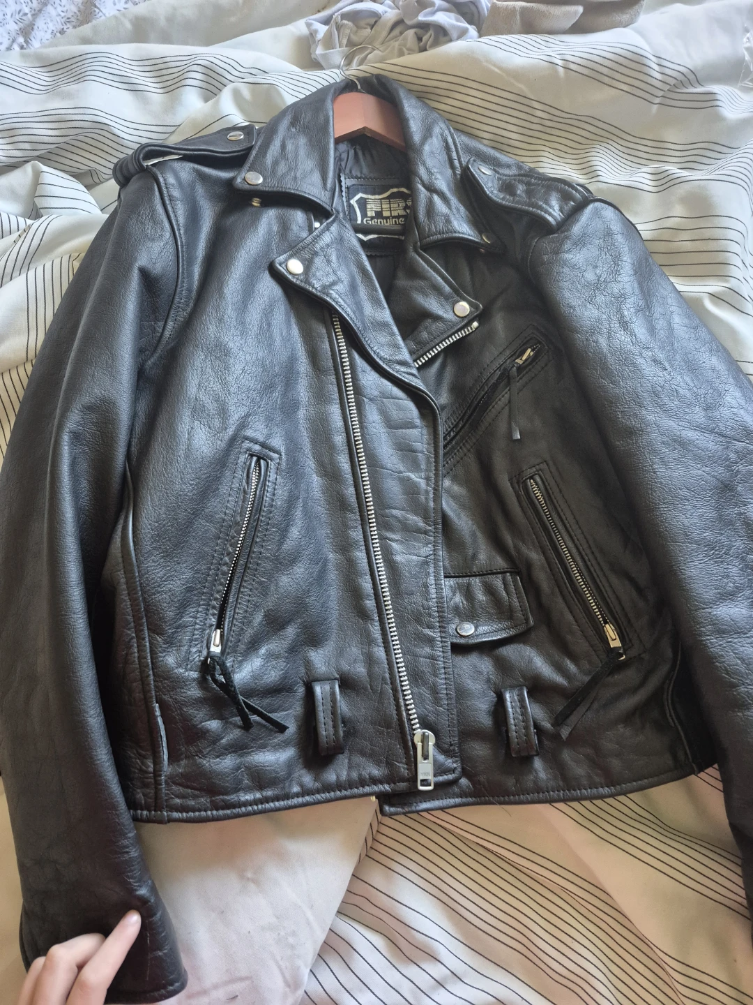 Men's Black Leather Motorcycle Jacket with Eagle Emblem - photo 2