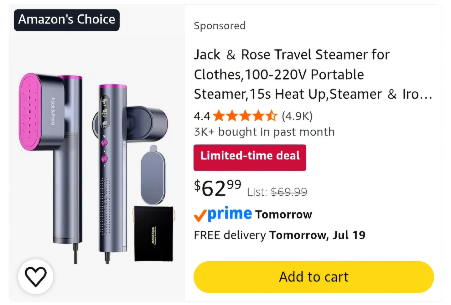 Jack & Rose Portable Steamer for Clothes