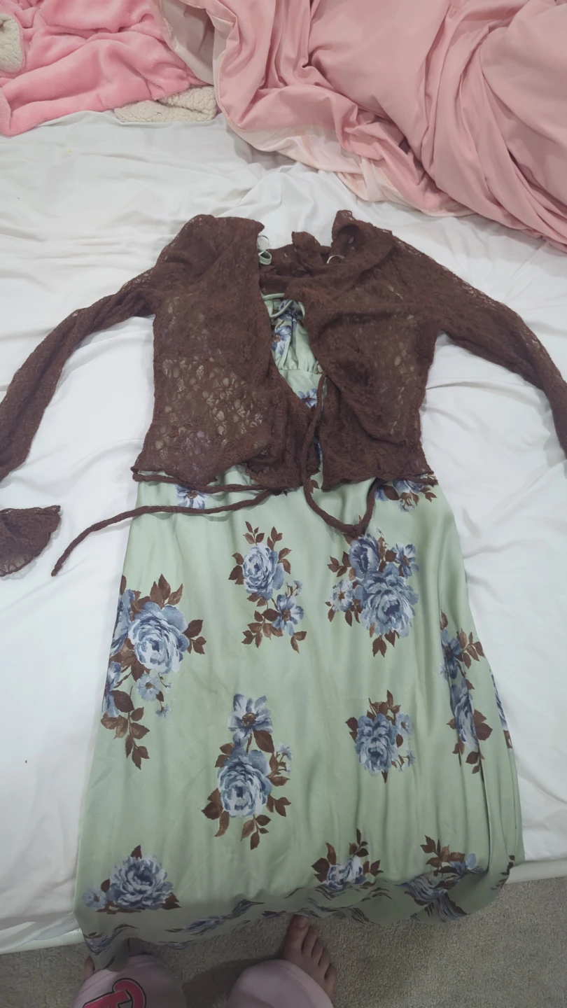 Brown lace cropped cardigan and floral print dress set