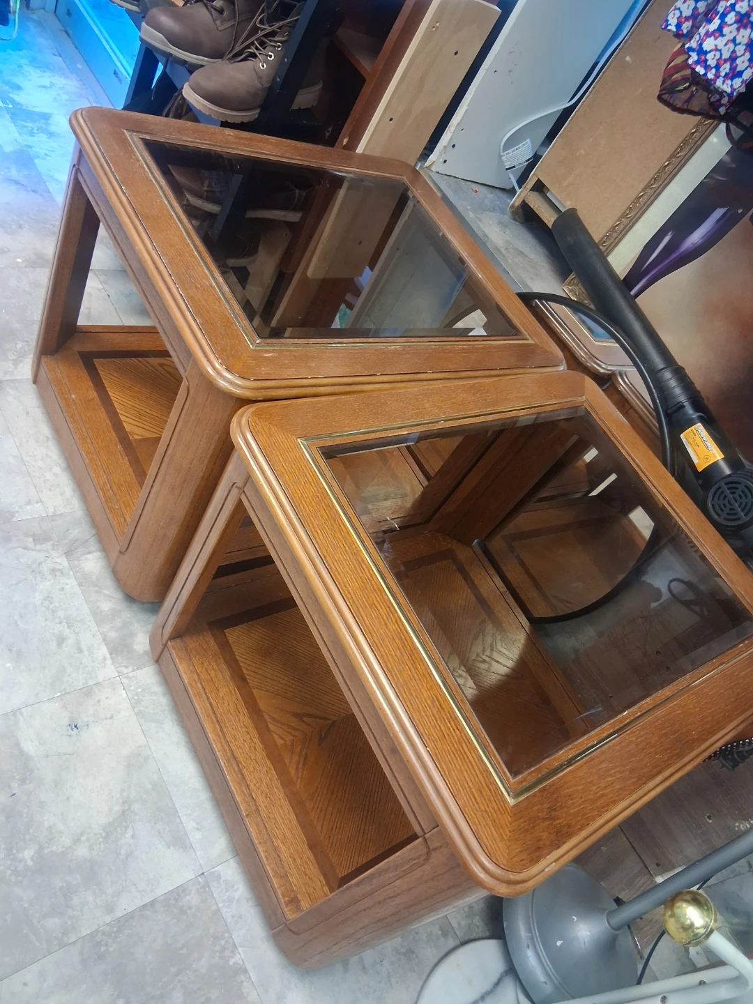 Pair of Oak Wood End Tables with Glass Tops