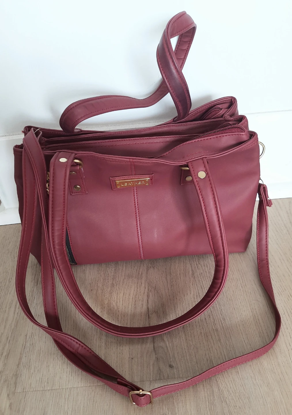 Maroon Faux Leather Tote Bag with Multiple Compartments