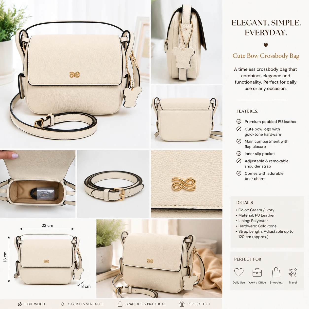 Cream/Ivory PU Leather Crossbody Bag with Gold-tone Hardware