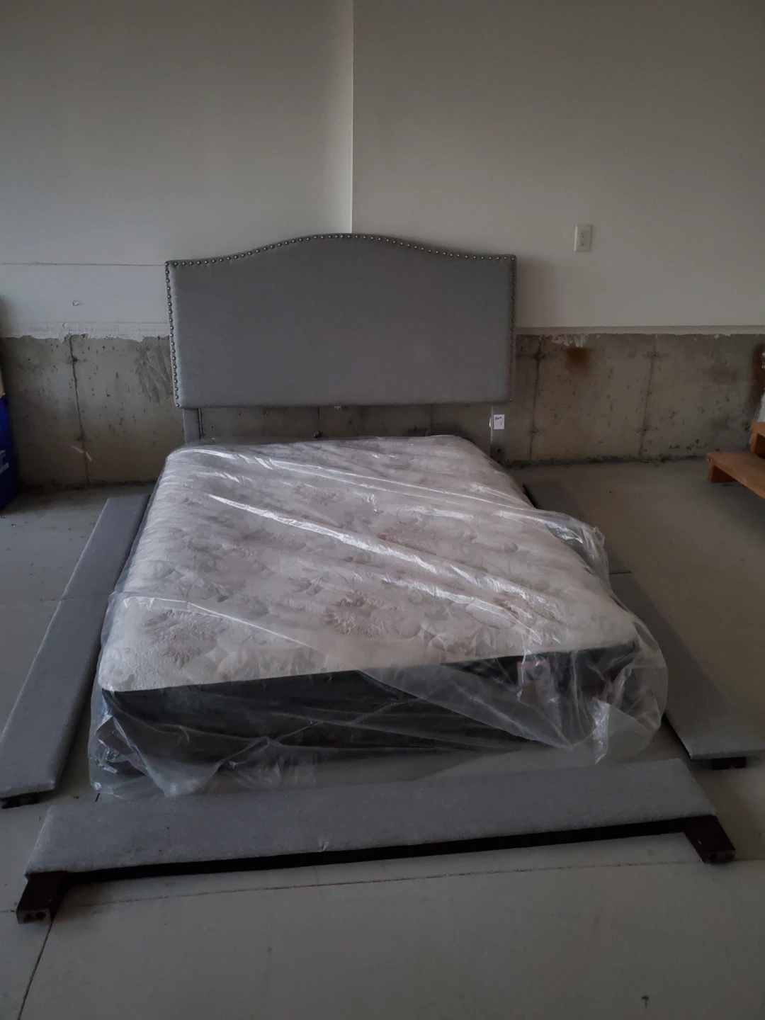 Grey Upholstered Headboard Bed Frame with Mattress