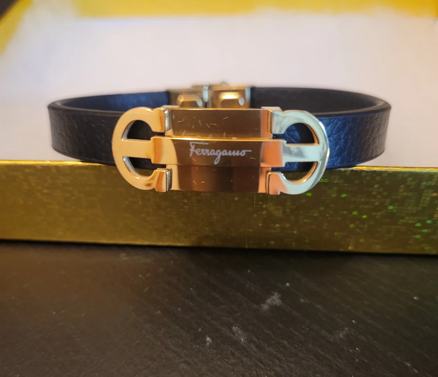 Black Leather Gancini Bracelet